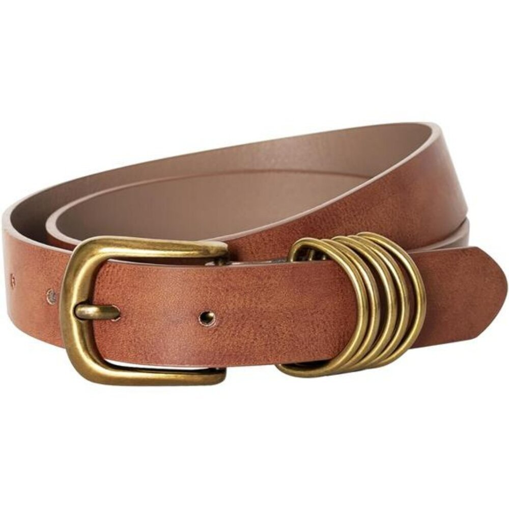 Womens brown leather belt with gold buckle casual fashion waist belt for jeans